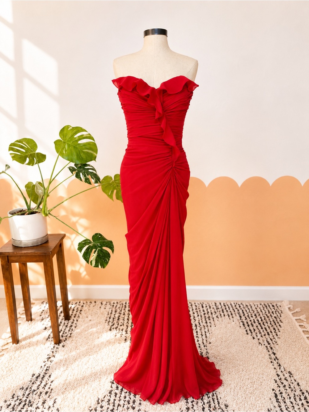 Badgley Mischka Strapless Ruffled Red Evening Gown